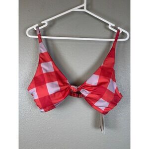 Quiksilver Classic Knot Trilette Bikini Top Red Pink Gingham‎ Plaid Swim XL NWT